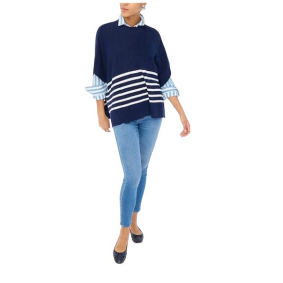 J.CREW Women's Striped Relaxed fit Poncho in antique navy ivory stripe-OS - Picture 1 of 7